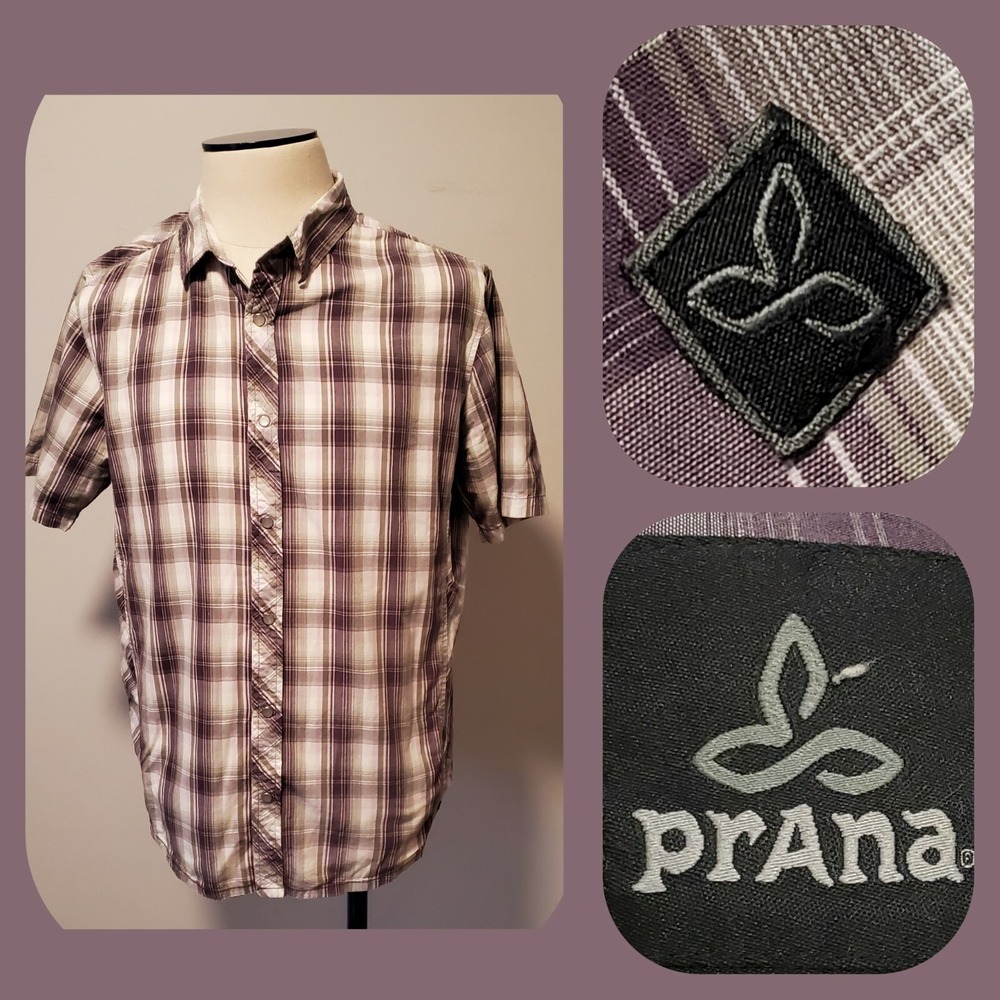 Prana Pearl Snap Shirt Multicolor Plaid Short Sleeve Men's Size Large L